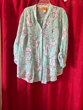 Ruby Rd. Mint Floral Pintuck Button-Front Blouse